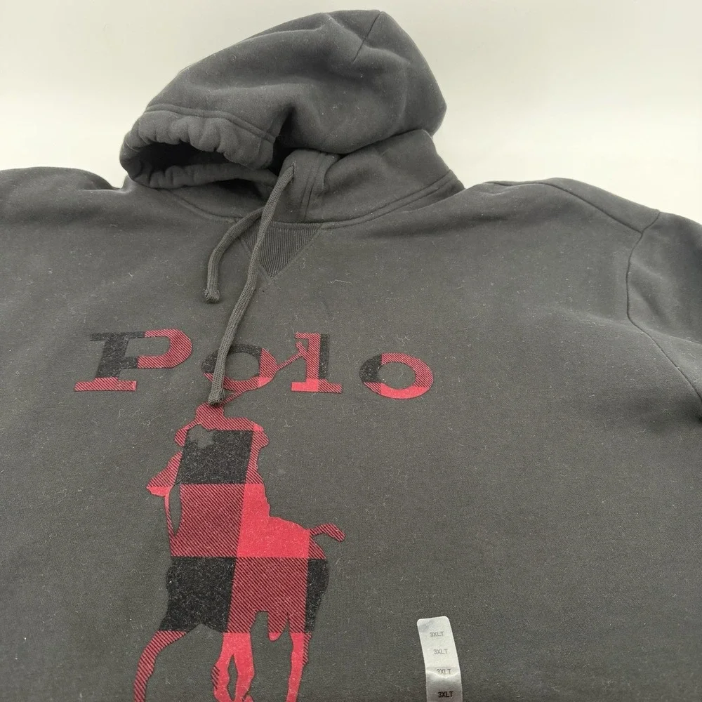 Polo Ralph Lauren Hoodie Men's 3XLT Black Buffalo Plaid‎ Big Pony Logo Pockets